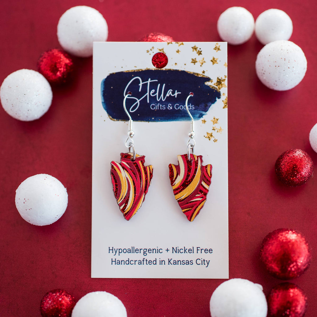 KC Football - Petite Glitter Swirl Arrowhead Dangles Red Gol-Jewelry-Stellar Gifts & Goods Wholesale-Three Birdies Boutique, Women's Fashion Boutique Located in Kearney, MO