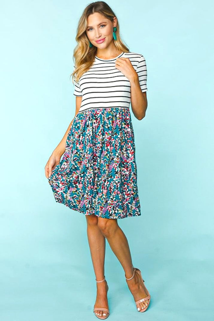 Striped Floral Pattern Dress-Shirts & Tops-Haptics by Holly Harper-Three Birdies Boutique, Women's Fashion Boutique Located in Kearney, MO