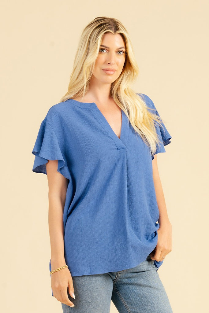 Coral Ruffle V-Neck Blouse-Shirts & Tops-Sew In Love-Three Birdies Boutique, Women's Fashion Boutique Located in Kearney, MO