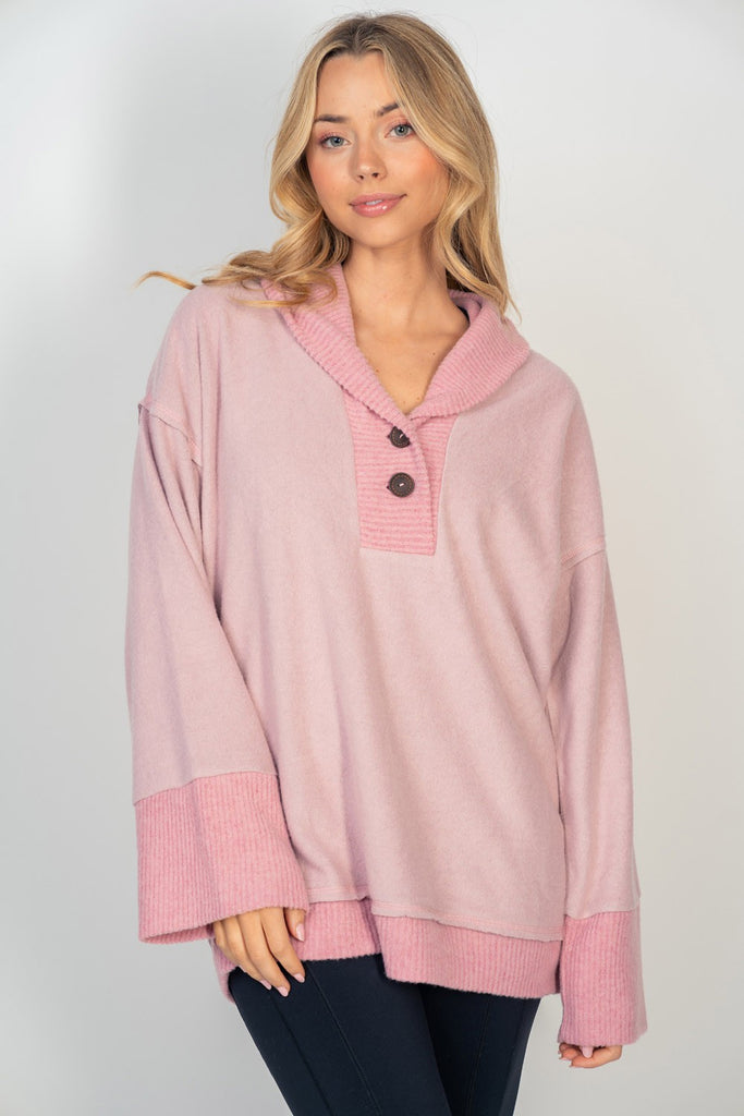 Pink Henley Oversized Sweatshirt-Sweater-White Birch-Three Birdies Boutique, Women's Fashion Boutique Located in Kearney, MO