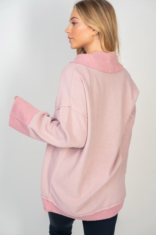 Pink Henley Oversized Sweatshirt-Sweater-White Birch-Three Birdies Boutique, Women's Fashion Boutique Located in Kearney, MO