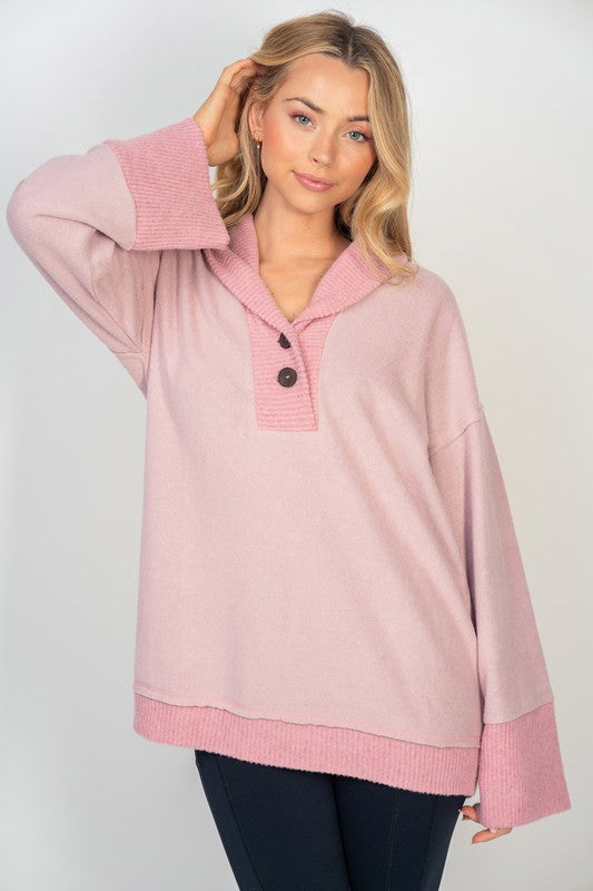 Pink Henley Oversized Sweatshirt-Sweater-White Birch-Three Birdies Boutique, Women's Fashion Boutique Located in Kearney, MO