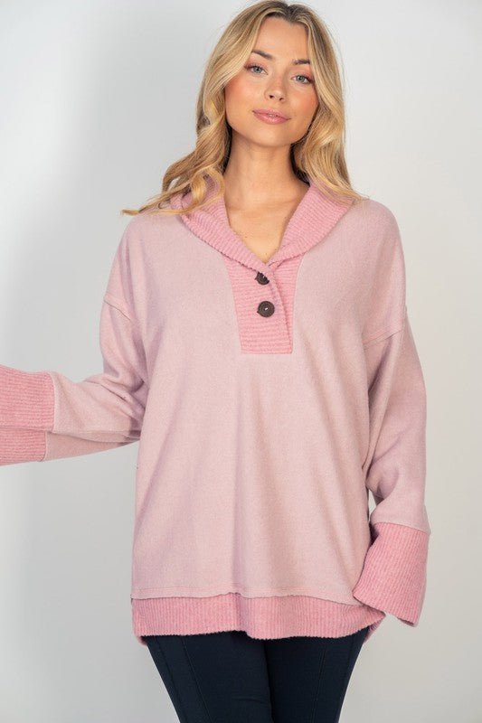 Pink Henley Oversized Sweatshirt-Sweater-White Birch-Three Birdies Boutique, Women's Fashion Boutique Located in Kearney, MO