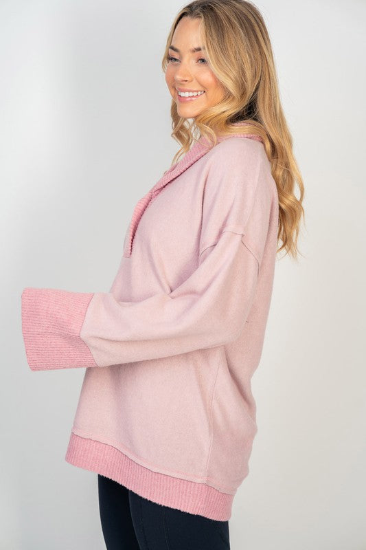 Pink Henley Oversized Sweatshirt-Sweater-White Birch-Three Birdies Boutique, Women's Fashion Boutique Located in Kearney, MO