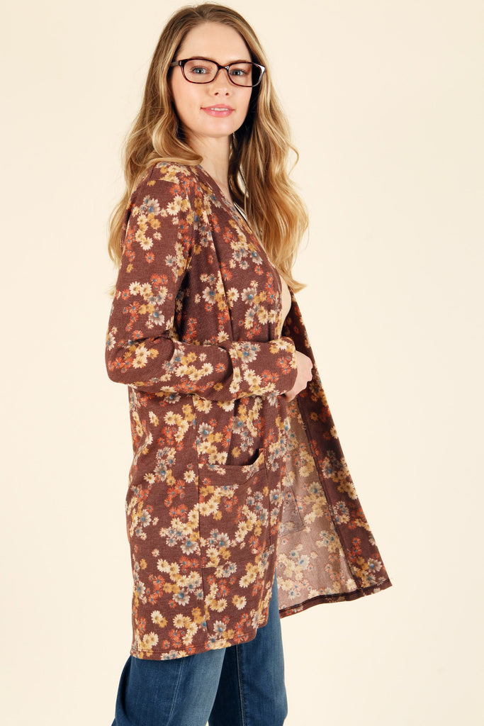 Rust Floral Cardigan-Outerwear-P.S. Kate-Three Birdies Boutique, Women's Fashion Boutique Located in Kearney, MO