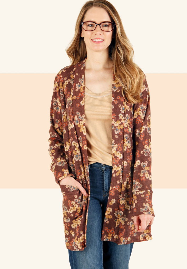 Rust Floral Cardigan-Outerwear-P.S. Kate-Three Birdies Boutique, Women's Fashion Boutique Located in Kearney, MO