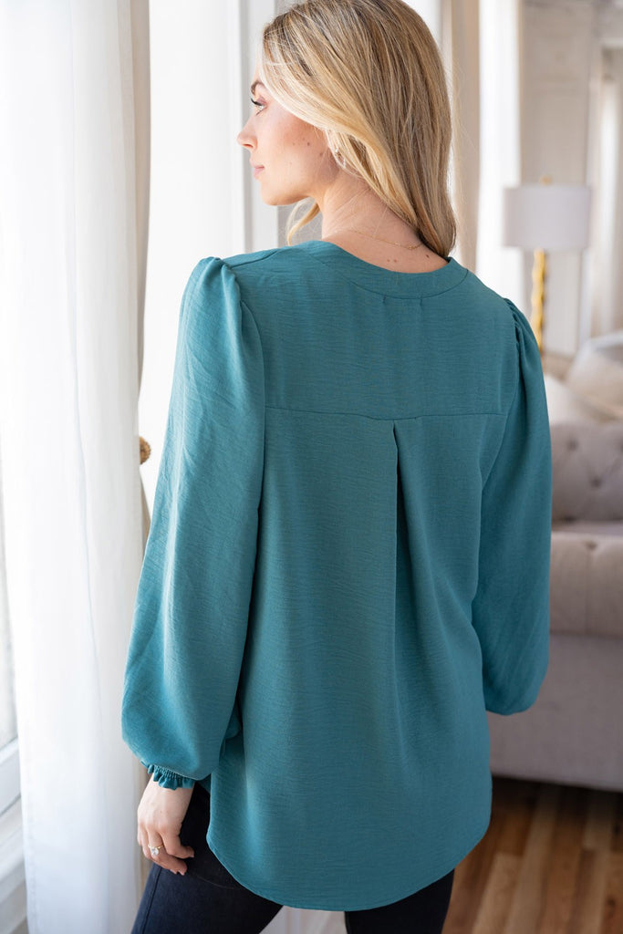 Smocked Cuff V-Neck Top-Sweater-White Birch-Three Birdies Boutique, Women's Fashion Boutique Located in Kearney, MO