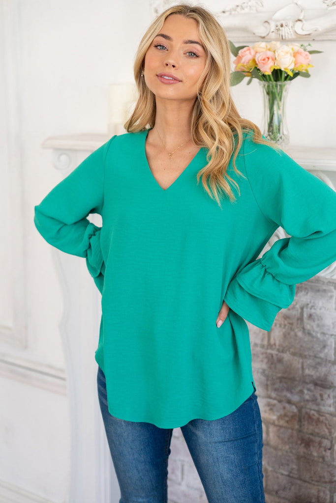 Double Ruffle Sleeve Blouse-Top-White Birch-Three Birdies Boutique, Women's Fashion Boutique Located in Kearney, MO