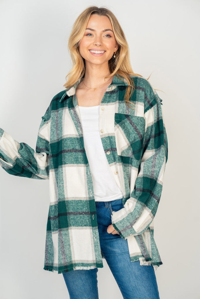 Comfy Plaid Button Down Top-Jacket-White Birch-Three Birdies Boutique, Women's Fashion Boutique Located in Kearney, MO