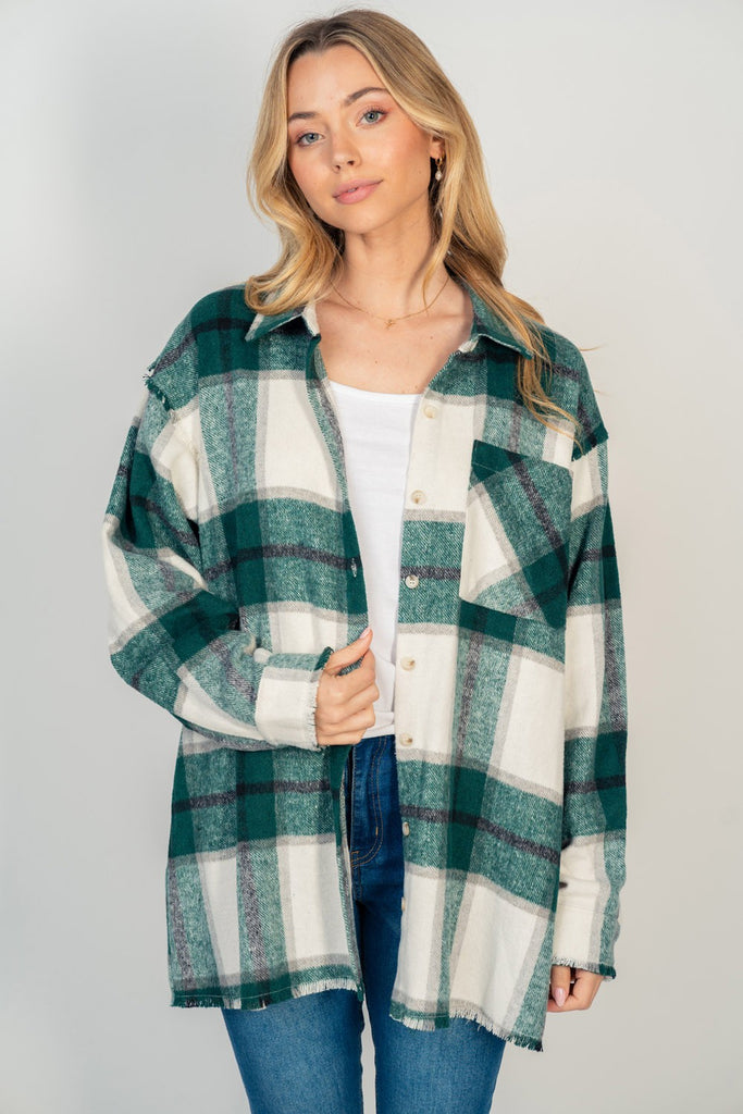 Comfy Plaid Button Down Top-Jacket-White Birch-Three Birdies Boutique, Women's Fashion Boutique Located in Kearney, MO