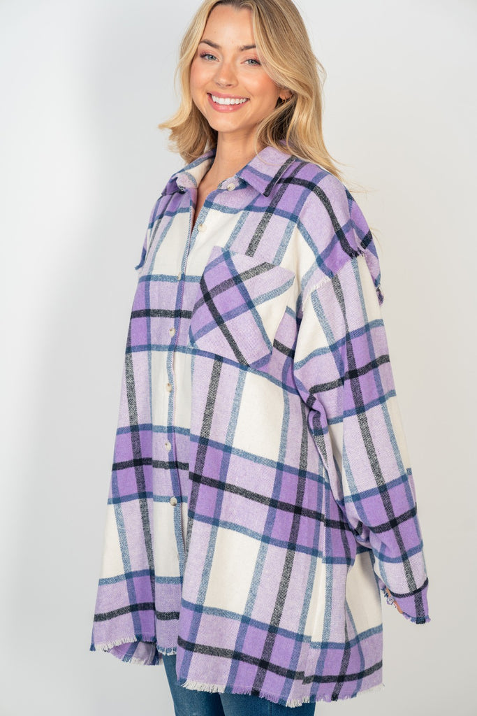 Comfy Plaid Button Down Top-Jacket-White Birch-Three Birdies Boutique, Women's Fashion Boutique Located in Kearney, MO