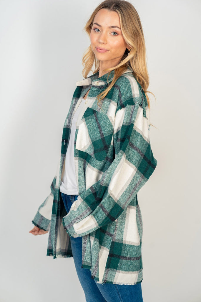 Comfy Plaid Button Down Top-Jacket-White Birch-Three Birdies Boutique, Women's Fashion Boutique Located in Kearney, MO