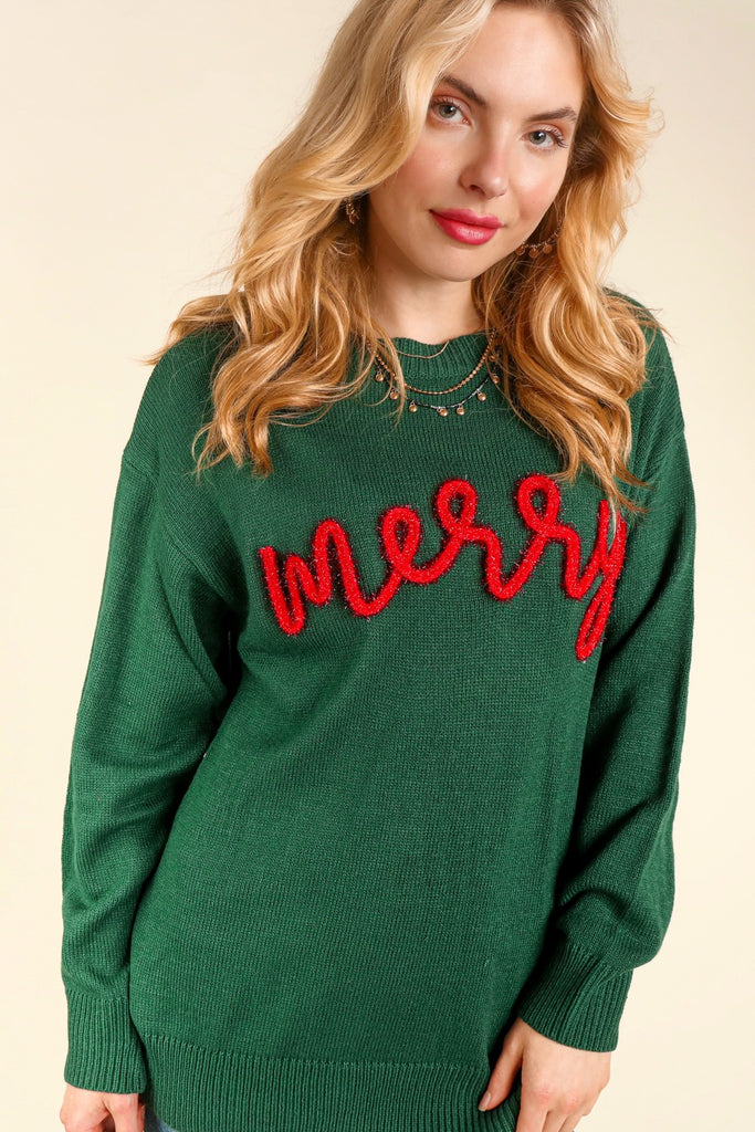 Merry Pop-Up Lettered Sweater-Sweater-Haptics by Holly Harper-Three Birdies Boutique, Women's Fashion Boutique Located in Kearney, MO