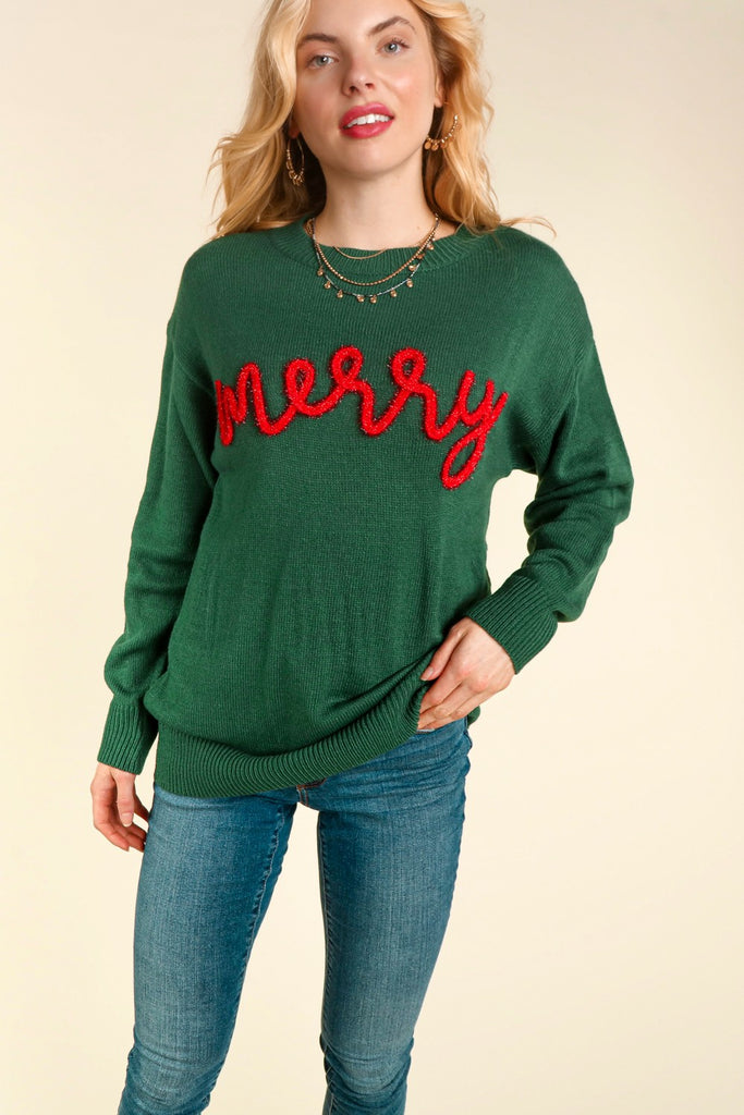 Merry Pop-Up Lettered Sweater-Sweater-Haptics by Holly Harper-Three Birdies Boutique, Women's Fashion Boutique Located in Kearney, MO