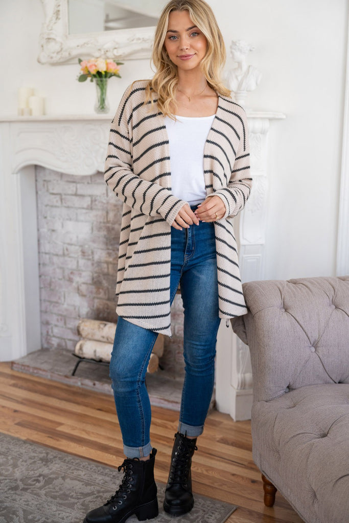 Striped Knit Long Sleeve Cardigan-Cardigan-White Birch-Three Birdies Boutique, Women's Fashion Boutique Located in Kearney, MO