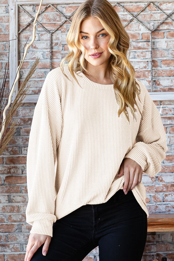Puffed Sleeve Solid Ribbed Crewneck-Shirts & Tops-Heimish-Three Birdies Boutique, Women's Fashion Boutique Located in Kearney, MO