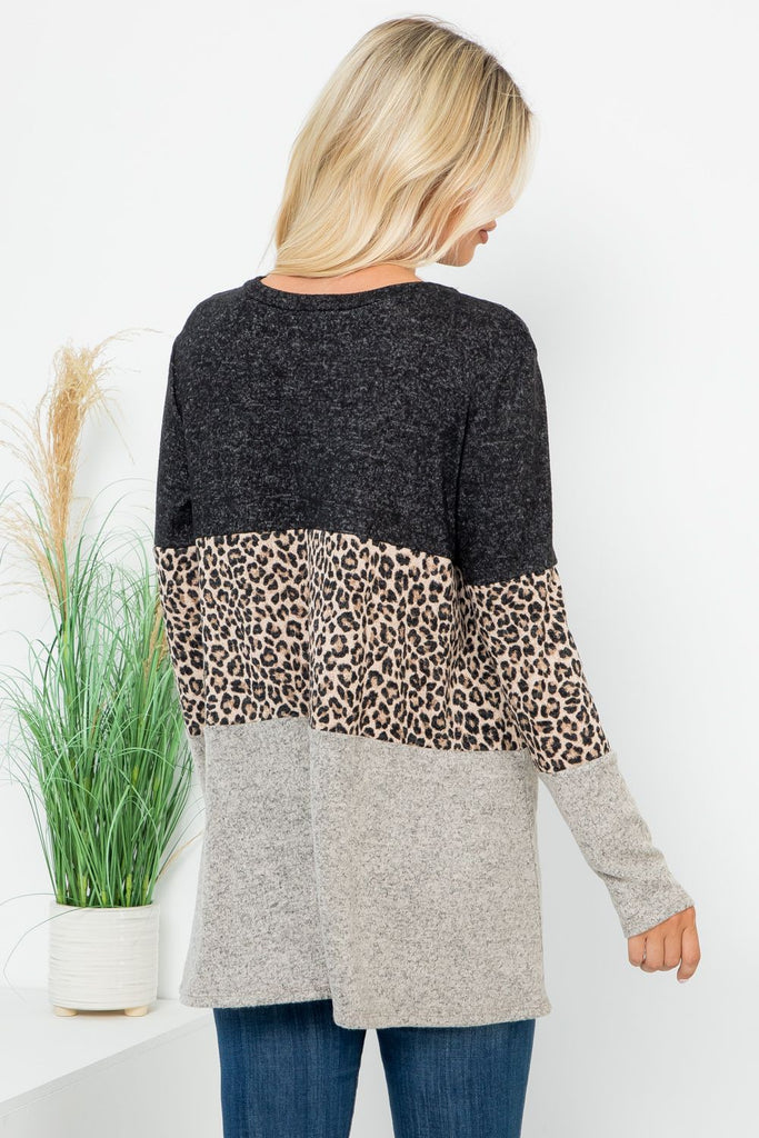 Animal Print Color Block Top-Sweaters-P & Rose-Three Birdies Boutique, Women's Fashion Boutique Located in Kearney, MO