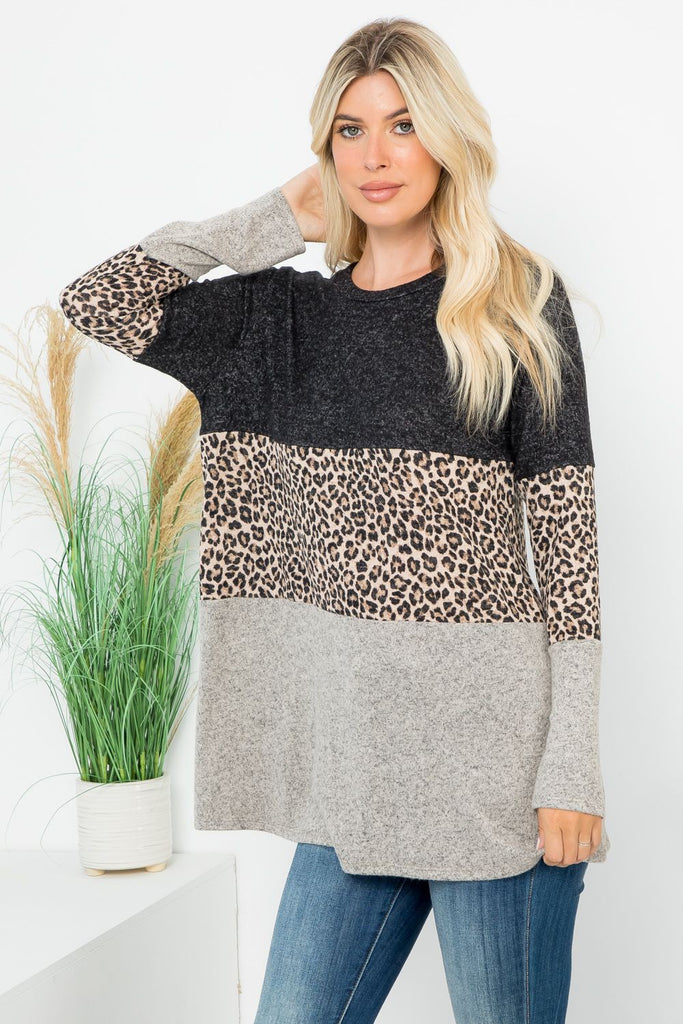 Animal Print Color Block Top-Sweaters-P & Rose-Three Birdies Boutique, Women's Fashion Boutique Located in Kearney, MO