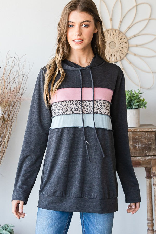 Color Block And Animal Print Hoodie-Hoodies-Sew In Love-Three Birdies Boutique, Women's Fashion Boutique Located in Kearney, MO