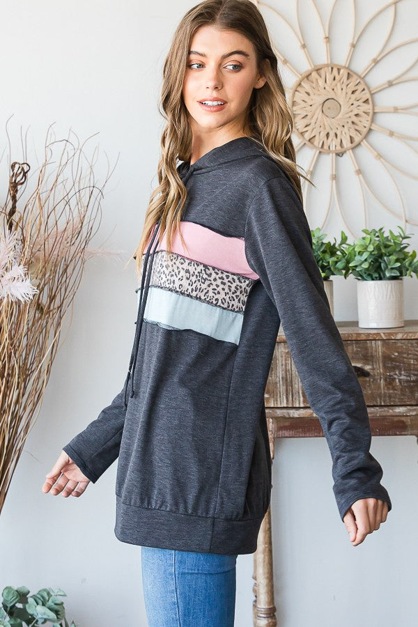 Color Block And Animal Print Hoodie-Hoodies-Sew In Love-Three Birdies Boutique, Women's Fashion Boutique Located in Kearney, MO