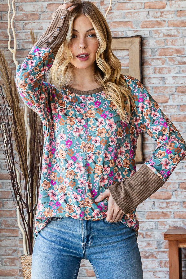 Multi Floral Waffle Knit Top-Shirts & Tops-Heimish-Three Birdies Boutique, Women's Fashion Boutique Located in Kearney, MO