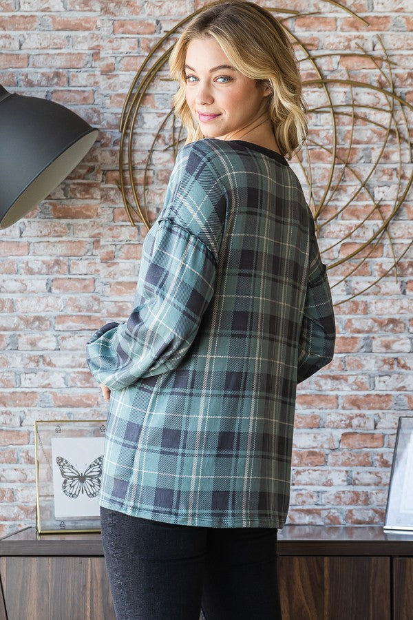 Puff Sleeve Plaid Top-Top-Heimish-Three Birdies Boutique, Women's Fashion Boutique Located in Kearney, MO