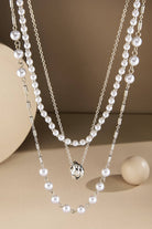 Silver Triple Layer Pearl and Chain Link Necklace { product_type }}