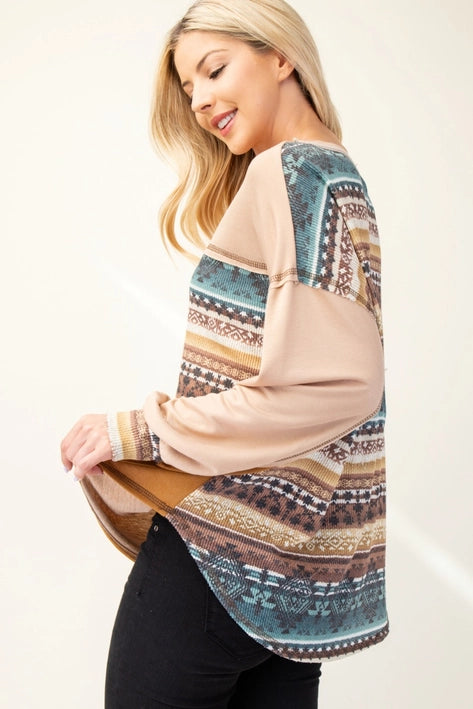 Color Block Aztec Print Top-Shirts & Tops-Celeste Clothing-Three Birdies Boutique, Women's Fashion Boutique Located in Kearney, MO