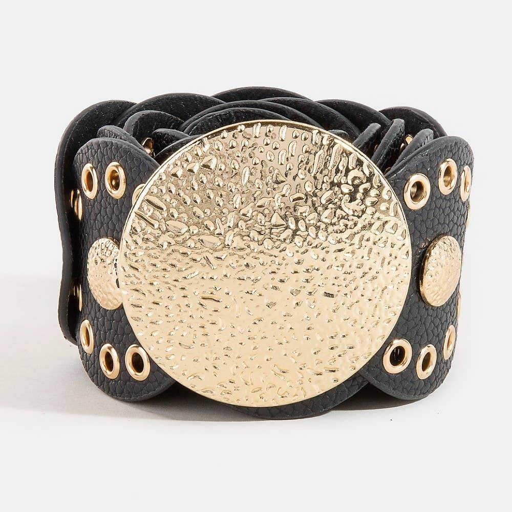 Hammered Disc Accent Faux Leather Panel Link Belt: BZS { product_type }}