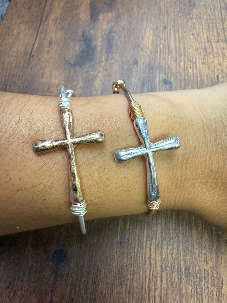 Two-tone Wire Wrapped Cross Bangle Bracelet : Silver-Paco Designs-Three Birdies Boutique, Women's Fashion Boutique Located in Kearney, MO