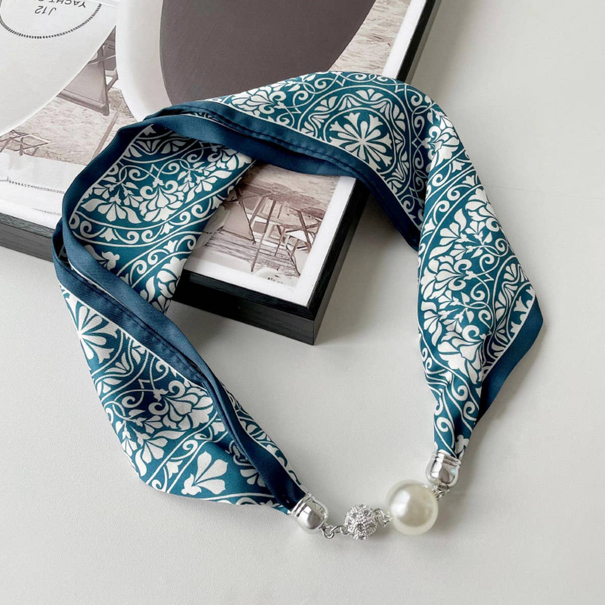 Magnetic Silk Scarf Necklace | Blue & White { product_type }}