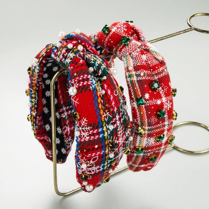 CHRISTMAS PLAID RHINESTONE WIDE KNOTTED HEADBAND | 40HB171: B { product_type }}