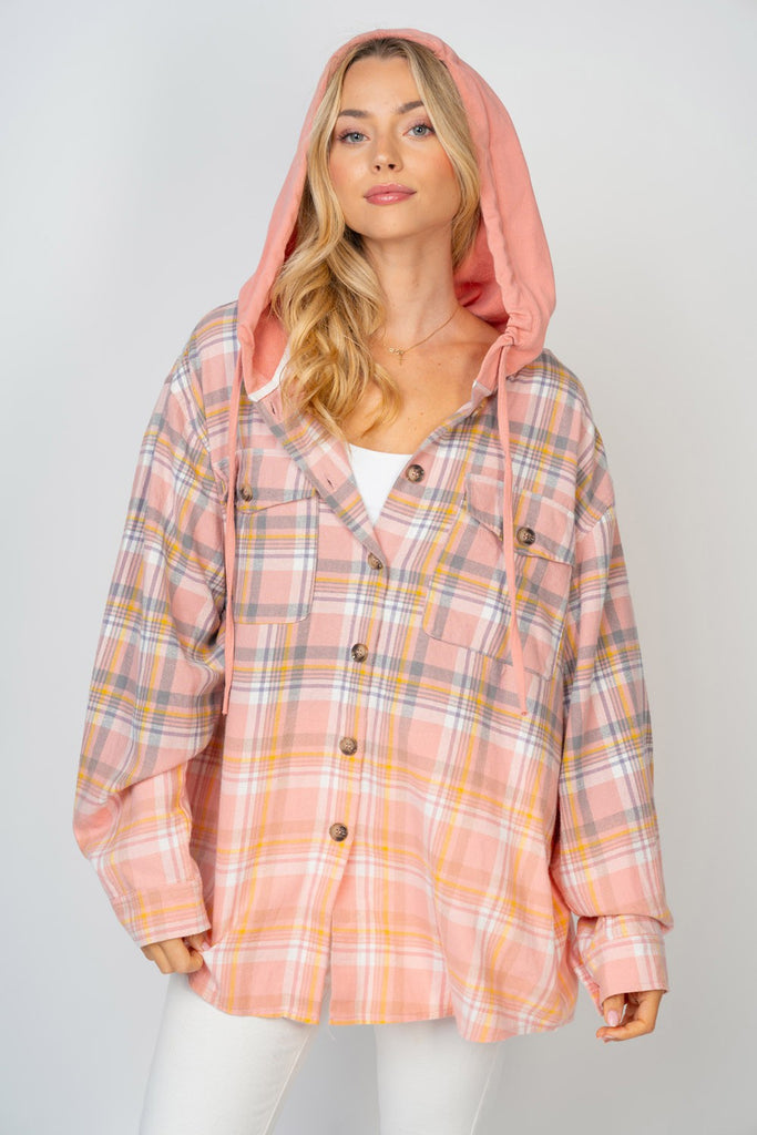 Washed Plaid Button Down with Hoodie-Outerwear-White Birch-Three Birdies Boutique, Women's Fashion Boutique Located in Kearney, MO