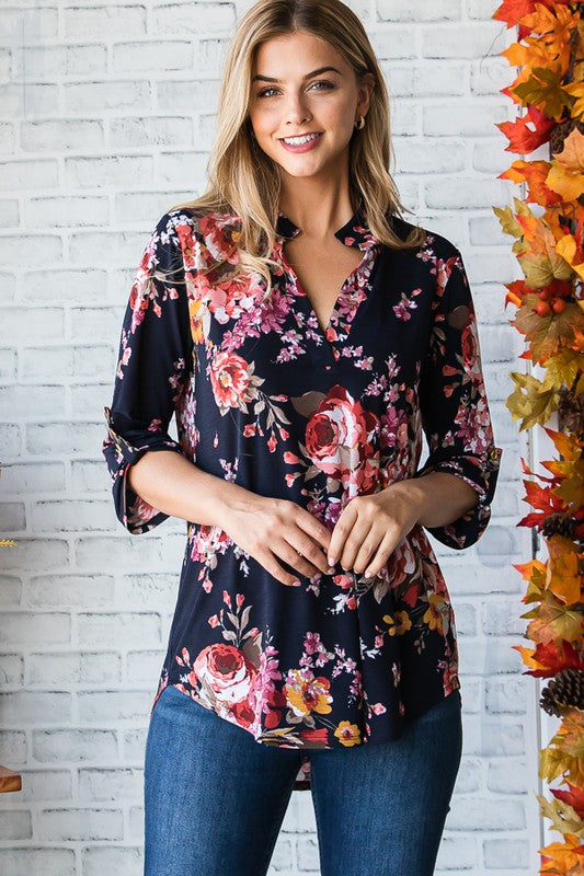 Mandarin Collar Floral Top-Top-Heimish-Three Birdies Boutique, Women's Fashion Boutique Located in Kearney, MO