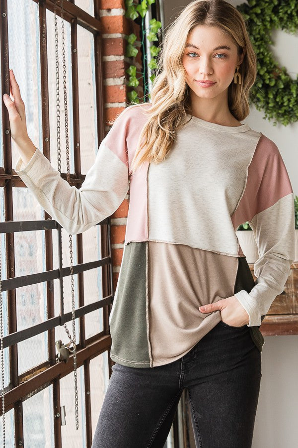 Oatmeal Color Block Top-Top-Heimish-Three Birdies Boutique, Women's Fashion Boutique Located in Kearney, MO