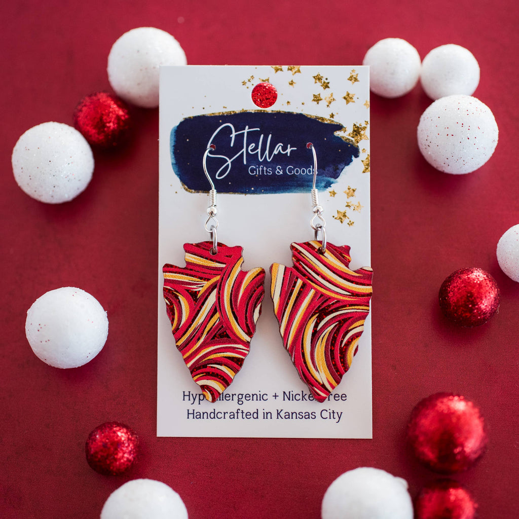 KC Football - Medium Glitter Swirl Arrowhead Dangles Red Gol-Jewelry-Stellar Gifts & Goods Wholesale-Three Birdies Boutique, Women's Fashion Boutique Located in Kearney, MO