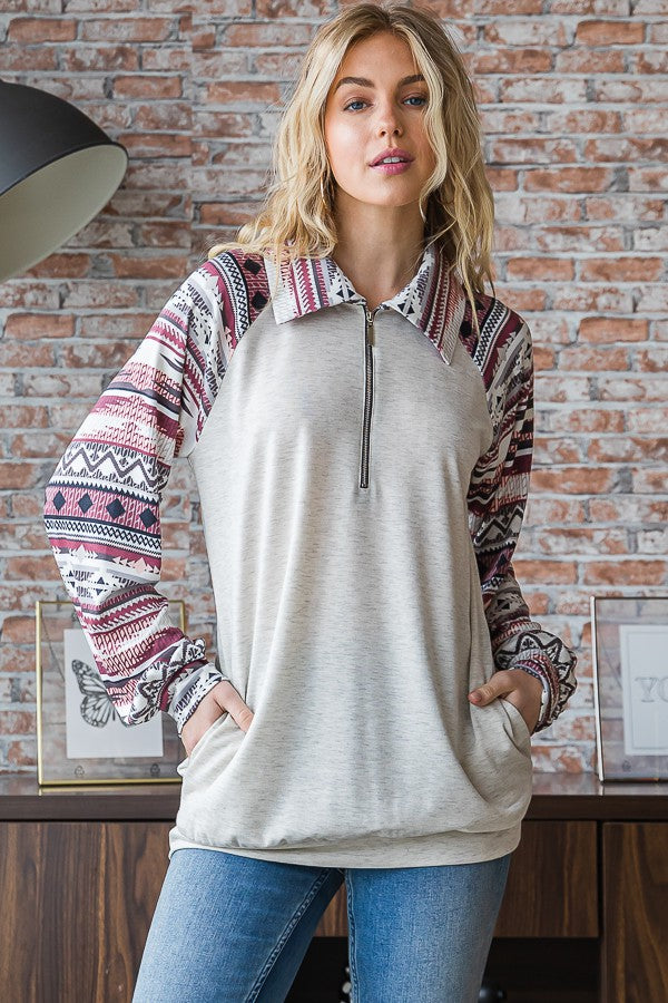 3/4 Zip Aztec Print TOP-Shirts & Tops-Heimish-Three Birdies Boutique, Women's Fashion Boutique Located in Kearney, MO