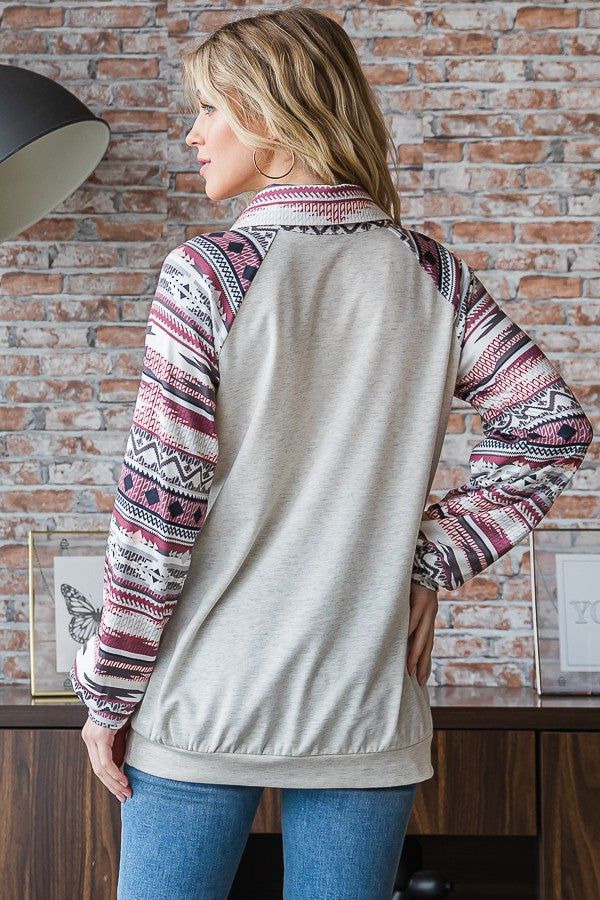 3/4 Zip Aztec Print TOP-Shirts & Tops-Heimish-Three Birdies Boutique, Women's Fashion Boutique Located in Kearney, MO