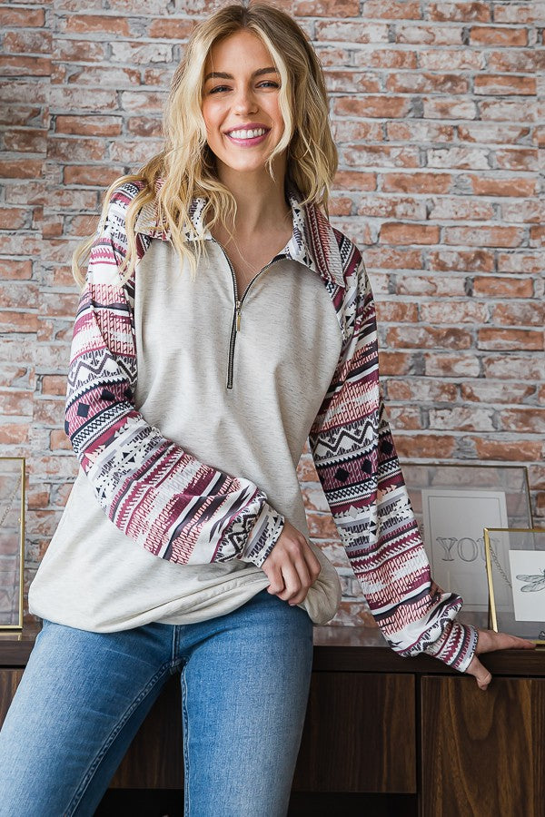 3/4 Zip Aztec Print TOP-Shirts & Tops-Heimish-Three Birdies Boutique, Women's Fashion Boutique Located in Kearney, MO