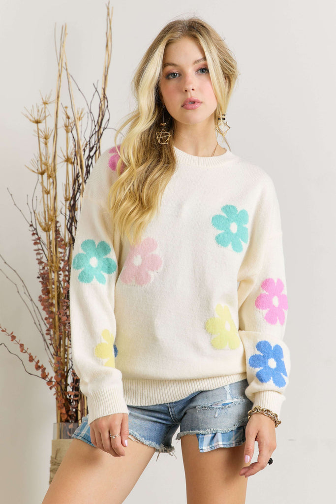 Flower Power Sweater-Sweater-ADORA LA-Three Birdies Boutique, Women's Fashion Boutique Located in Kearney, MO