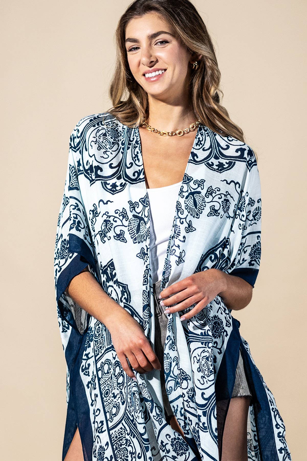 Santorini Mandala Viscose Kimono: Royal Mandala-Urbanista-Three Birdies Boutique, Women's Fashion Boutique Located in Kearney, MO