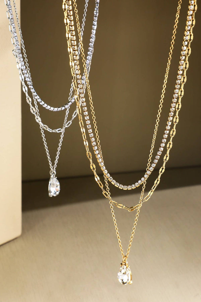 Gold Triple Layer Crystal Teardrop Necklace-Urbanista-Three Birdies Boutique, Women's Fashion Boutique Located in Kearney, MO