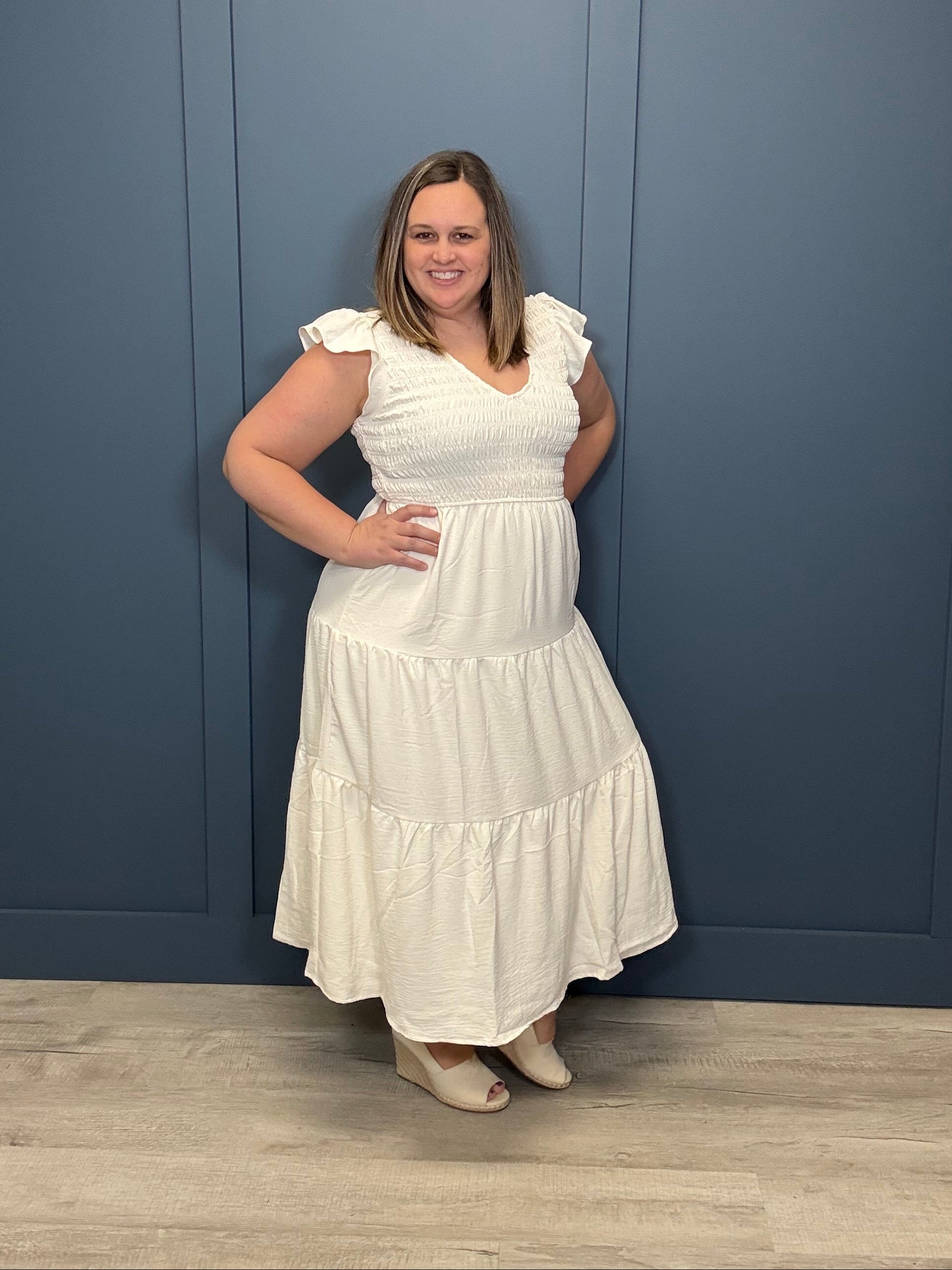 Tiered V-Neck Smocked Short Sleeve Midi Dress { product_type }}
