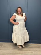 Tiered V-Neck Smocked Short Sleeve Midi Dress { product_type }}