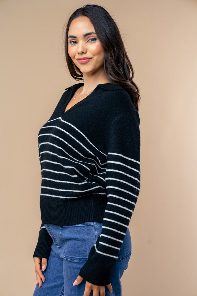 V-Neck Striped Sweater Top-Shirts & Tops-White Birch-Three Birdies Boutique, Women's Fashion Boutique Located in Kearney, MO