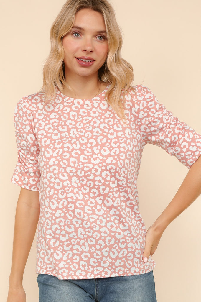 Mauve Leopard Top With Shirring Short Sleeve-Shirts & Tops-Haptics-Three Birdies Boutique, Women's Fashion Boutique Located in Kearney, MO