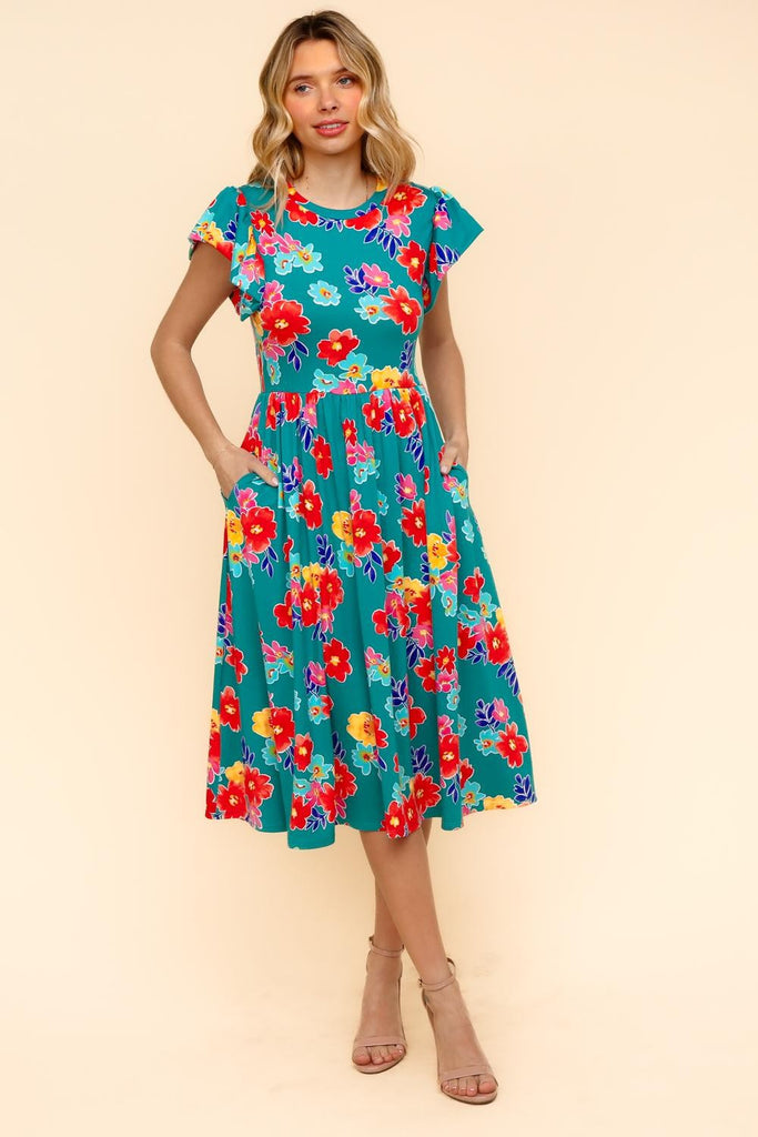 Fit and Flare Teal Midi Dress With Pockets-Dresses-Haptics-Three Birdies Boutique, Women's Fashion Boutique Located in Kearney, MO