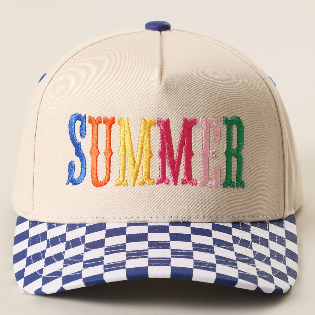 SUMMER Embroidered Checkered Brim Trucker Hat: BLUE / ONE SIZE { product_type }}