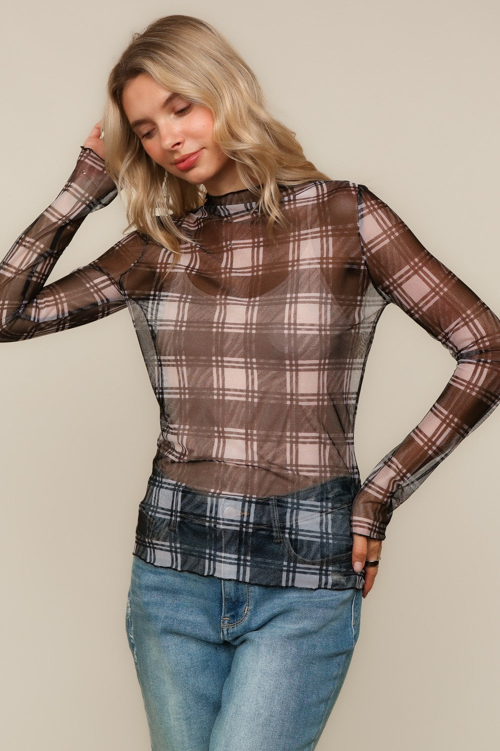 Plaid Mesh Top Black { product_type }}