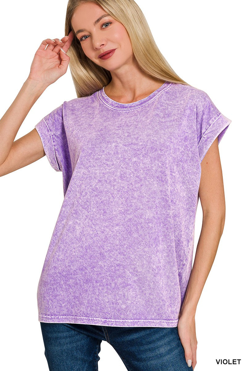 Mineral Washed Cuffed Sleeve Top { product_type }}